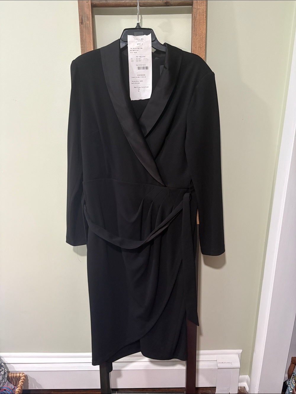 Adrianna Papell Black Long-Sleeve Wrap Dress with Satin Lapel